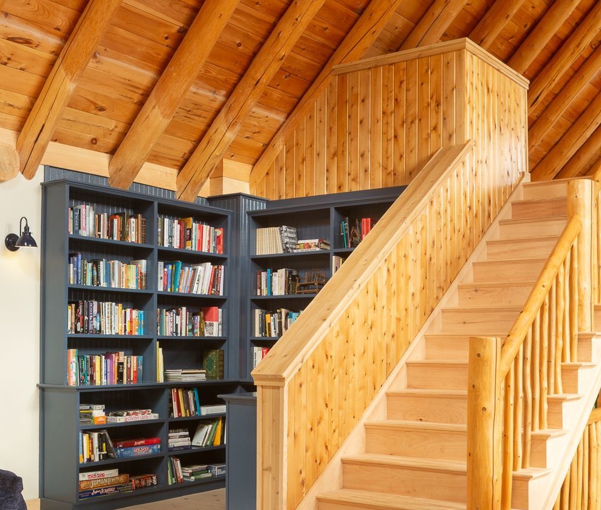 Built-in library in custom paint color with crown detail (Cedar Cottage)